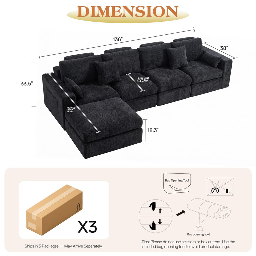 136" Cloud Modular Sectional Sofa with Detachable Seat Cushion