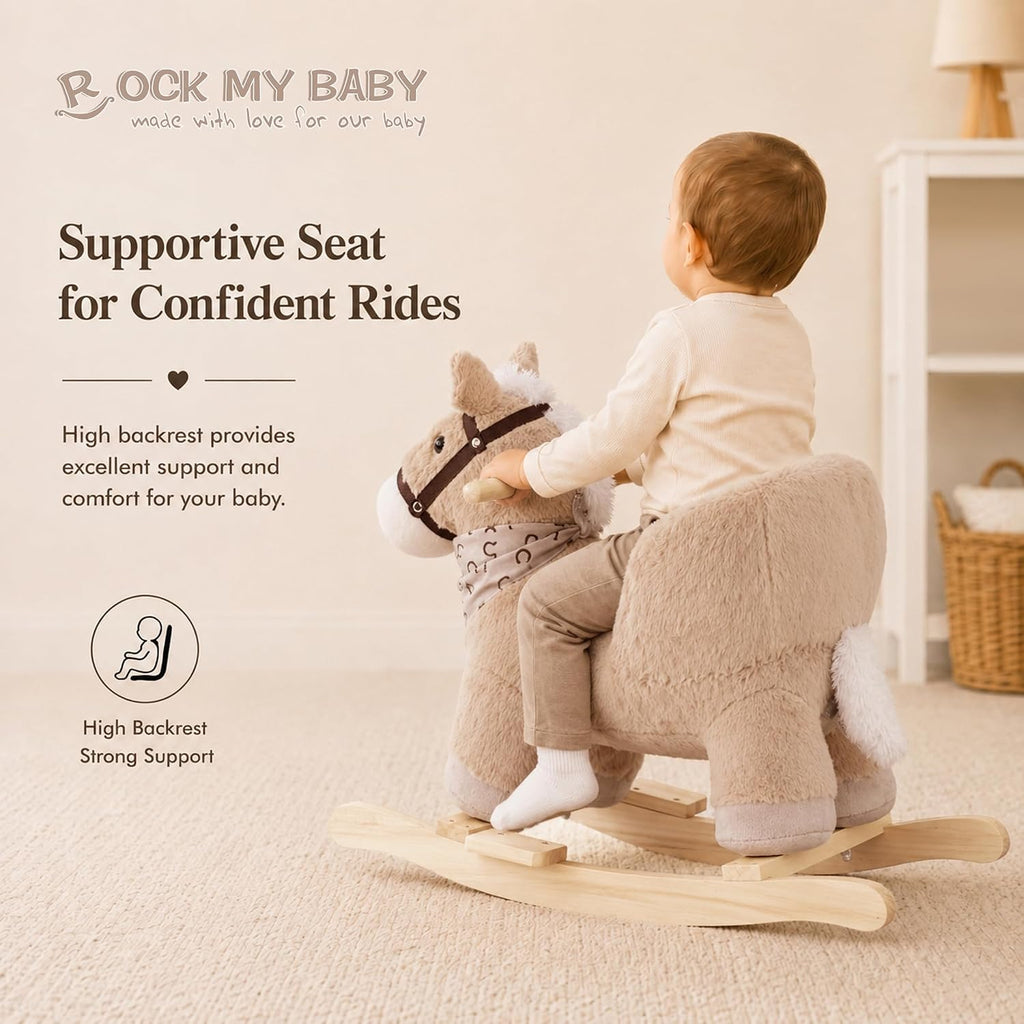 My Baby Rocking Horse with Seat, Plush Ride-On Rocker with Realistic Sound, Wooden Rocking Horse for Toddlers Ages