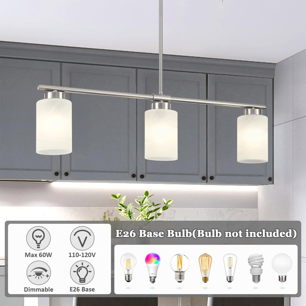 Kitchen Island Lighting Brushed Nickel Dining Room Light Fixture with Milk Glass Shade 31" Modern Linear