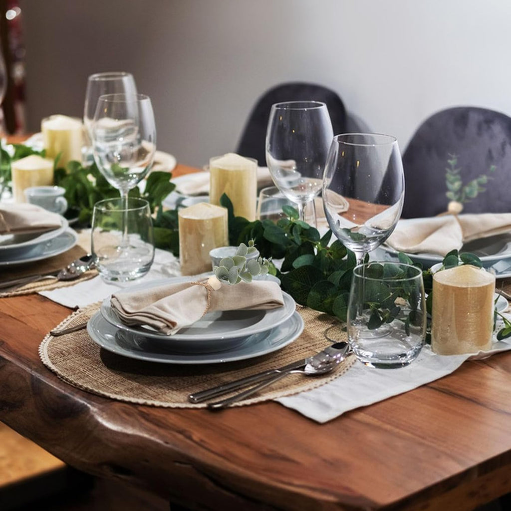 Napkin Rings with Artificial Eucalyptus Leaf Wood Bead Jute Rope for Christmas Farmhouse Wedding Home Dining - Set of 24