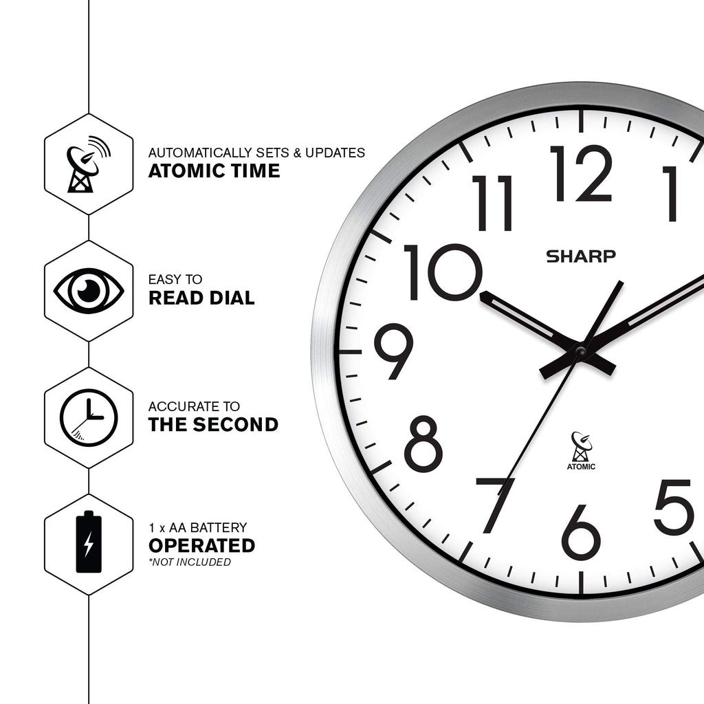 Inspired Nelson Style 12-Inch Atomic Wall Clock, Battery Operated, Silver Brushed Finish