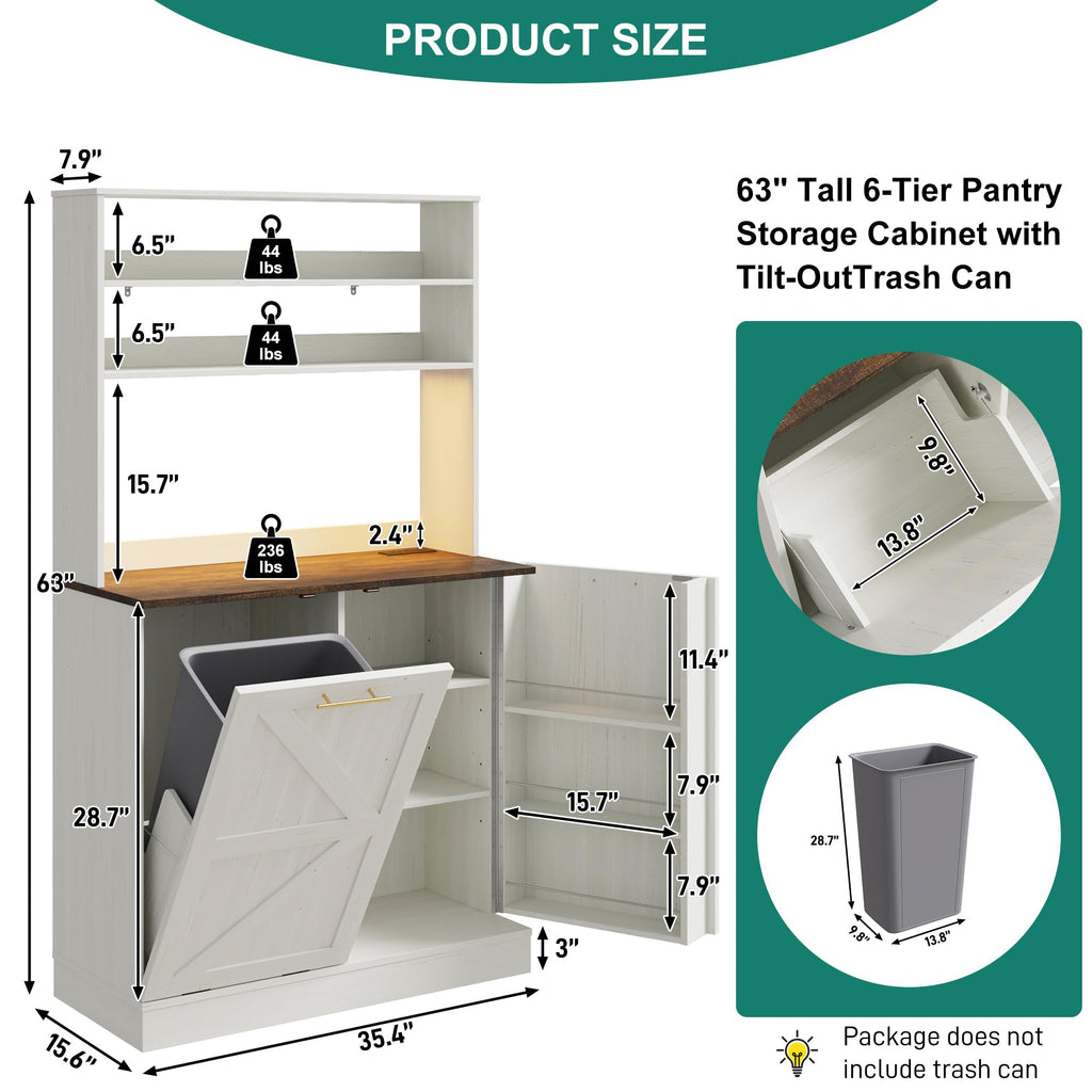 63" H Pantry Cabinets with 10 Gallon Trash Can, Led Light, Outlet, 35" W Kitchen Hutch with Tilt Out Trash Can