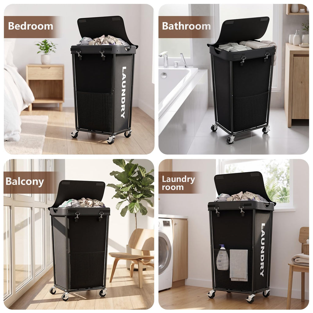 Hamper with Wheels and Lid, 110L Large Rolling Laundry Basket Black