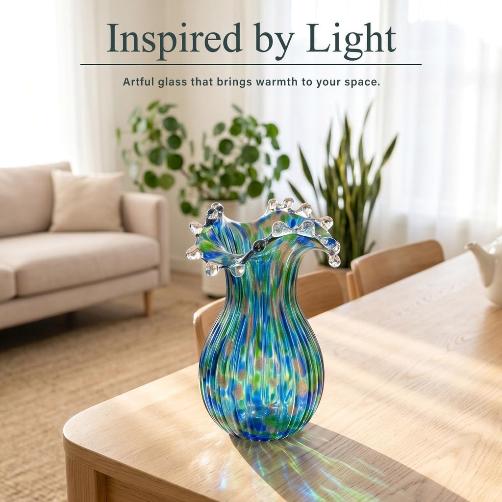 Hand Blown Glass Vase for Flowers, 9 Inch Blue Green Flower Vase