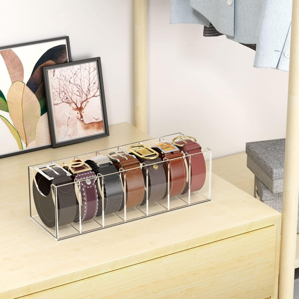 Belt Organizer for Closet, Acrylic Belt Box, Belt Storage, 7 Grids