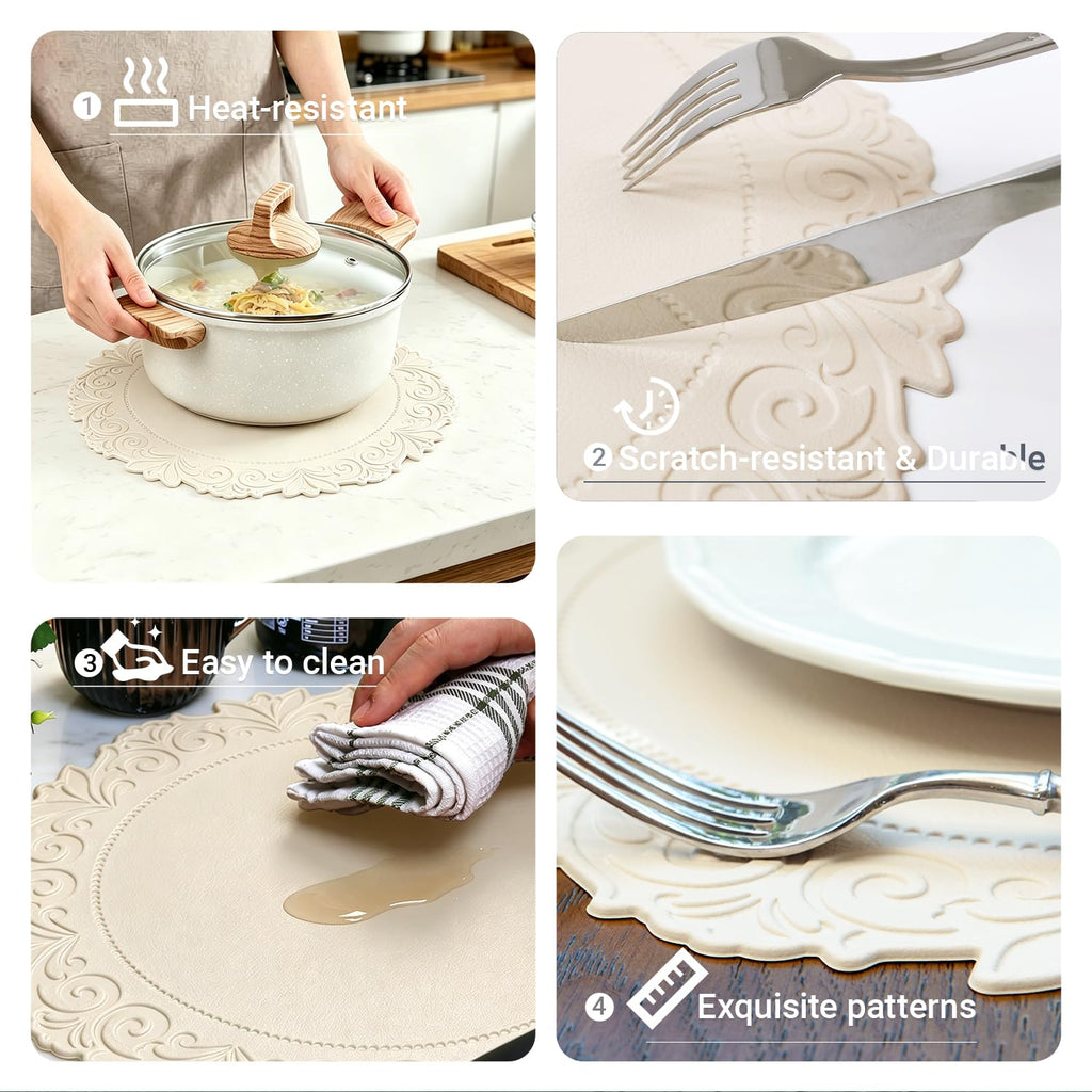 Round Faux Leather Placemats Set of 4, Dining Table Mats, Beige