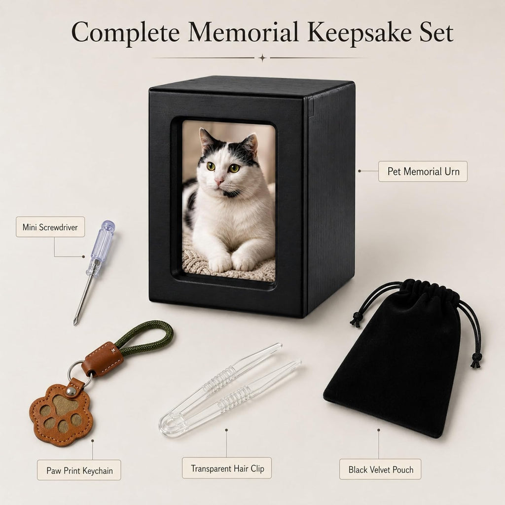 Pet Memorial Urn Built-in Photo Frame Hair Keepsake Pouch Wooden Cremation Box Dog Cat Ashes Easy Photo Change
