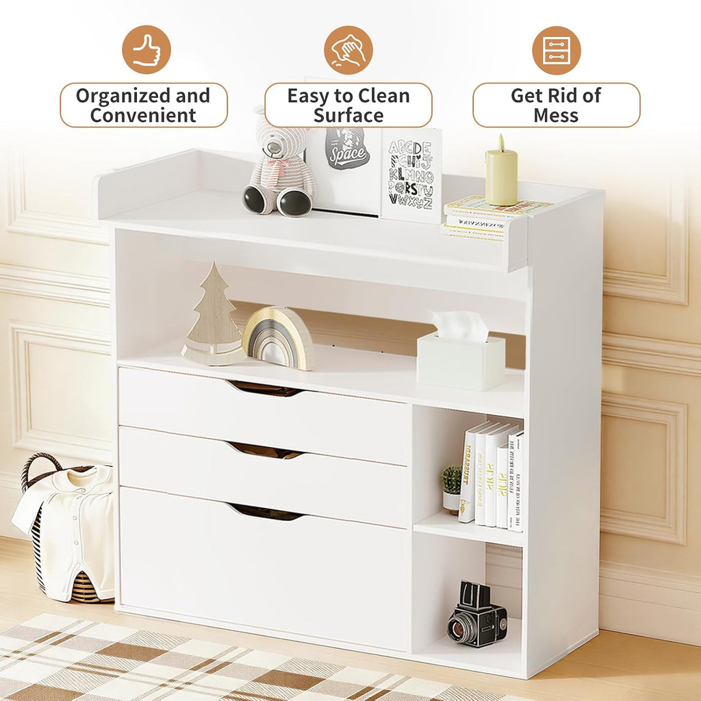 Baby Changing Table Dresser with 3 Drawers and 3 Storage Shelves, Can be Used as a Baby Dresser with Changing Table