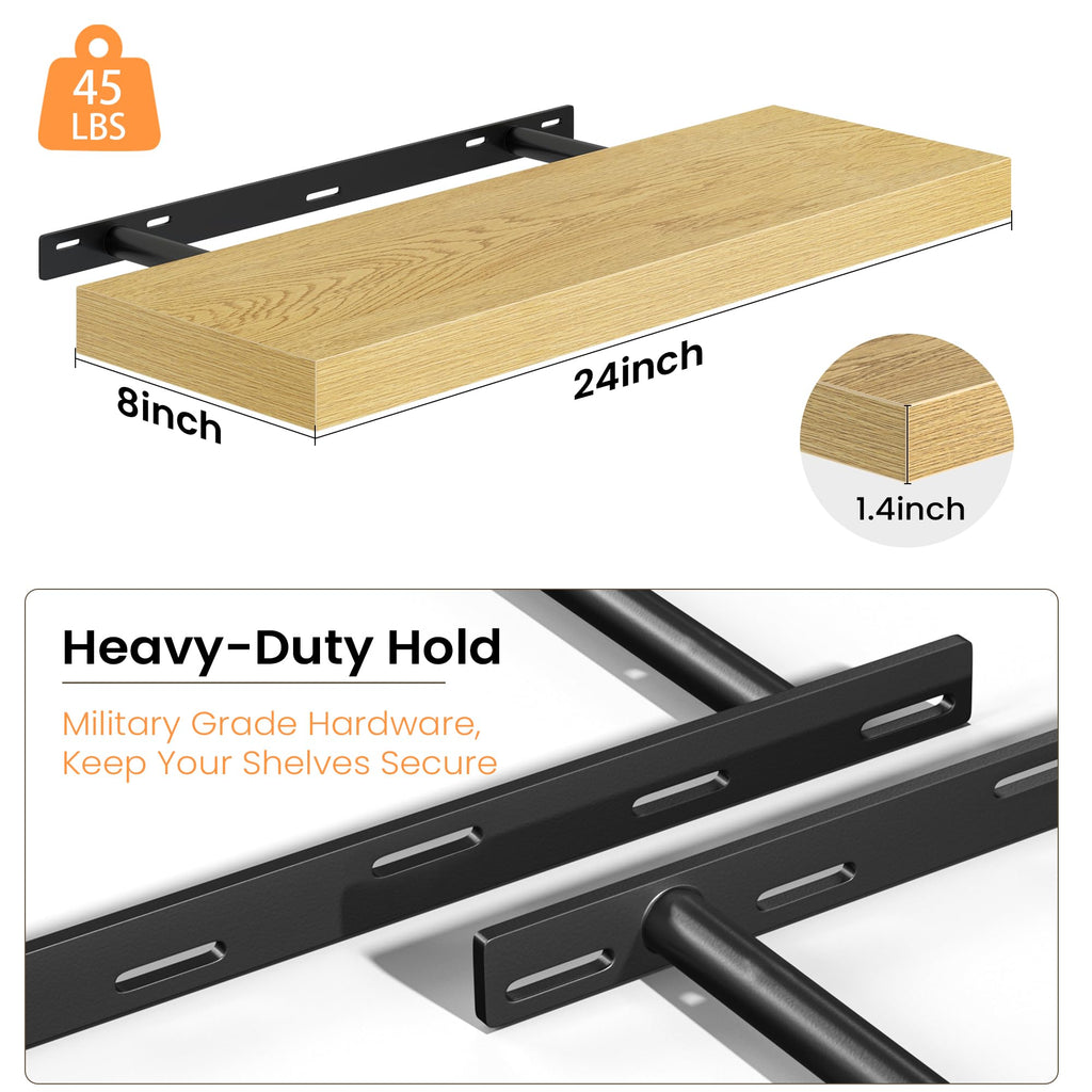 24 Inch Floating Shelves - Deep Rustic Wooden Wall Shelves - Extra Deeper & Thicker Wall Mounted Storage Shelf