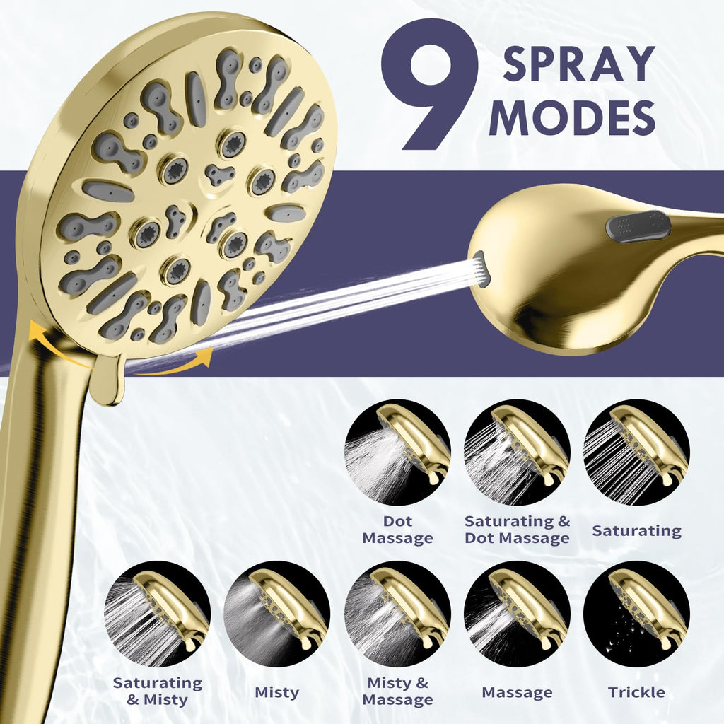 Brushed Gold Dual Shower Heads with 9 Modes Handheld Spray Combo