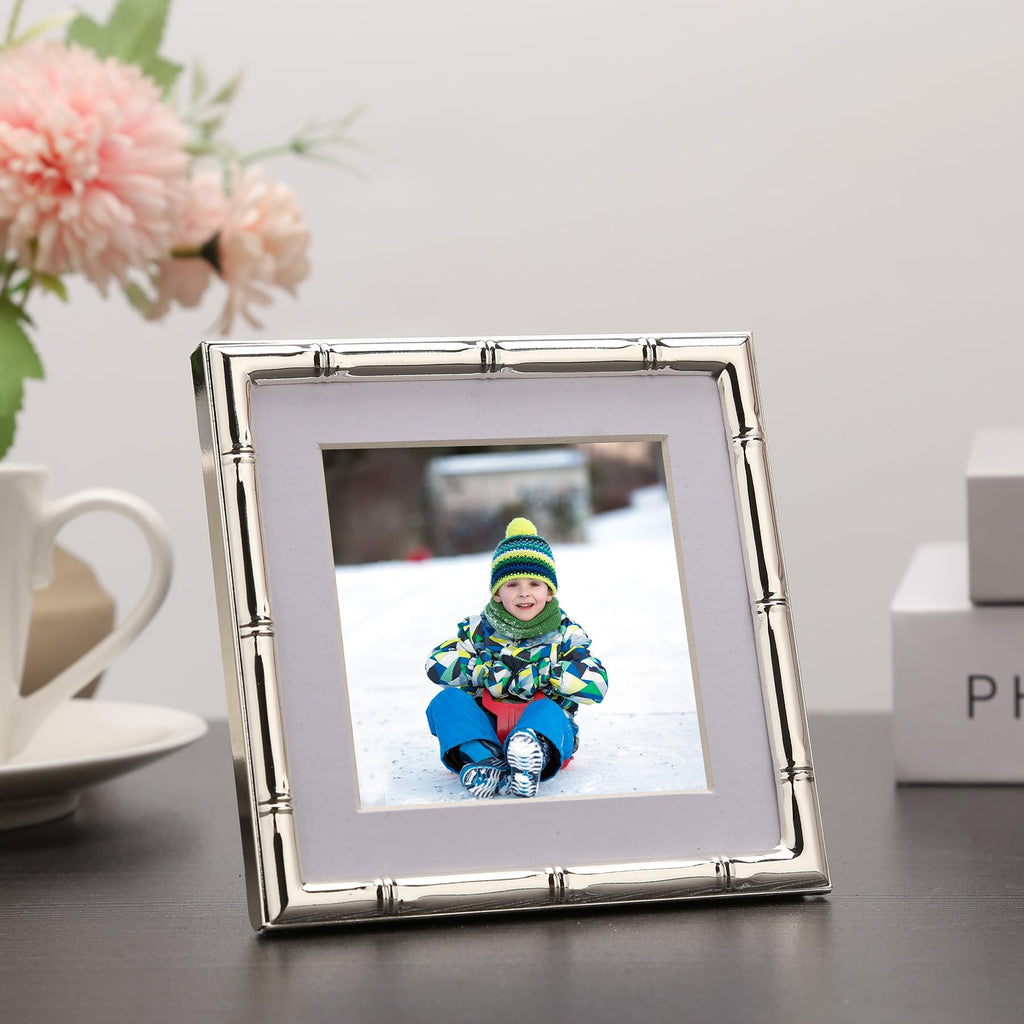 4x4'' Silver Bamboo Metal Picture Frame with 3x3'' Mat Set of 2, 3x3'' Narrow Elegant Silver Plated Metal Picture