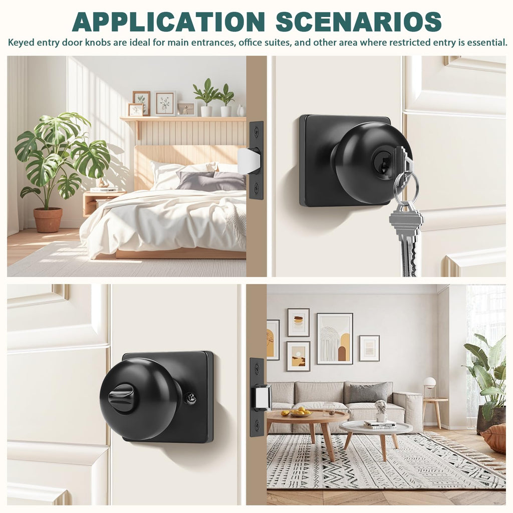 Keyed Alike Entry Door Knobs with Lock and Keys, Matte Black Entry Door Lock Sets for Exterior & Interior Doors