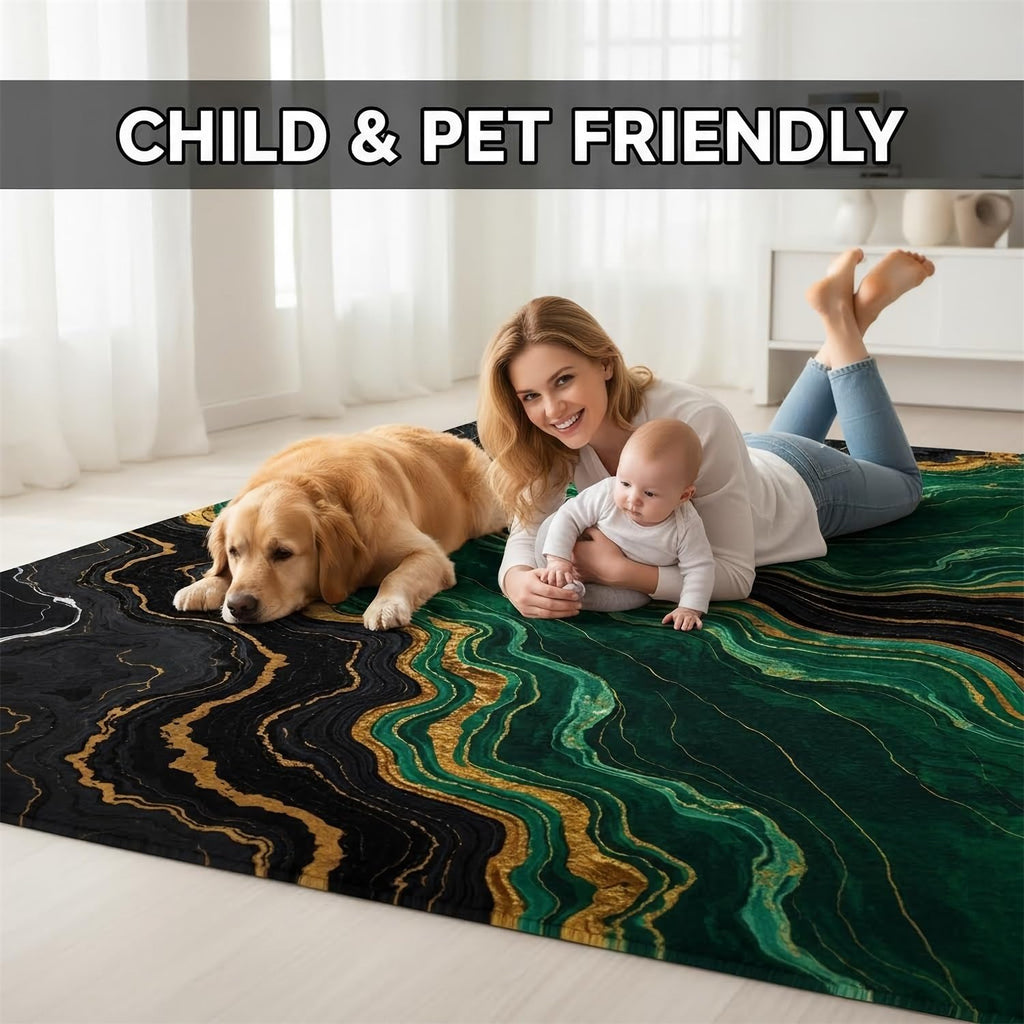 Emerald Green Black Gold Modern Abstract Marble Pattern Large Rugs Bedroom Dining Room Art Deco Aesthetic Unique