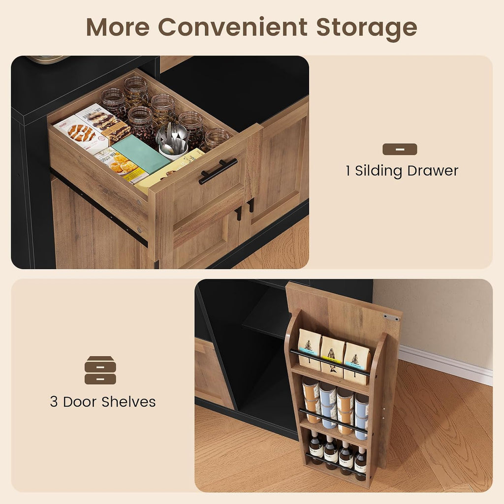 71" Pantry Cabinet with Charging Station and LED Light, Kitchen Pantry Cabinet with Microwave Stand, 47.2" Wide