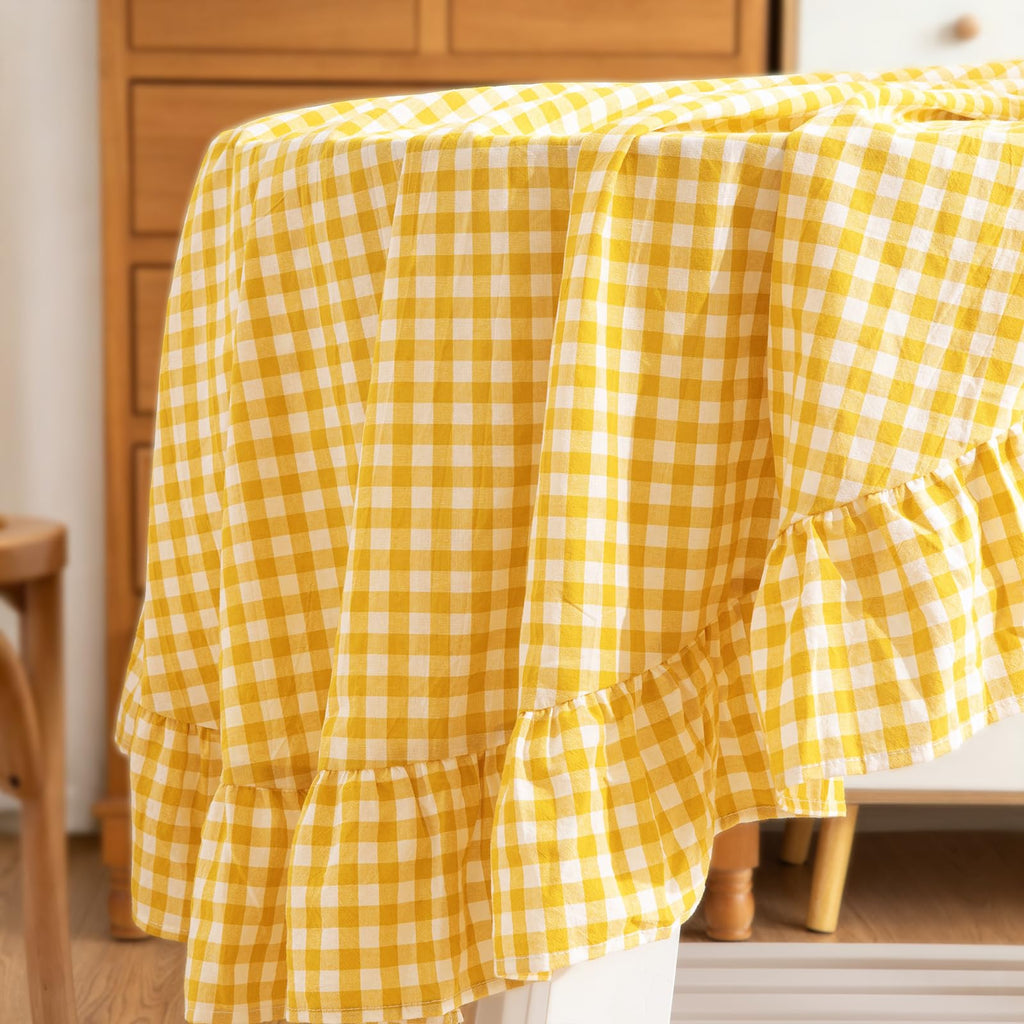 Yellow Round Gingham Tablecloth 70 Inch, Cotton Plaid Tablecloth
