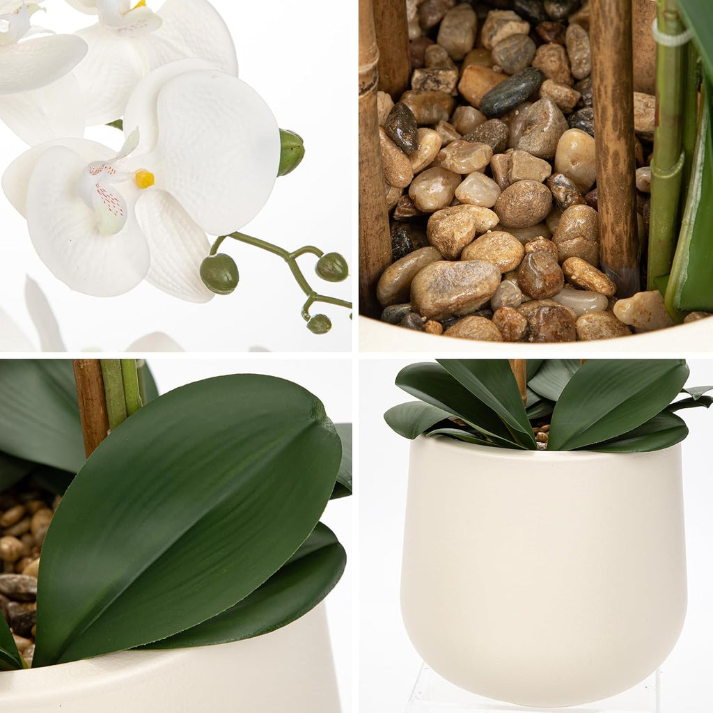 Extra Large White Orchid Artificial Flowers in Cream Resin Pot, 29.5in Lifelike Silk Orchid Arrangement Faux