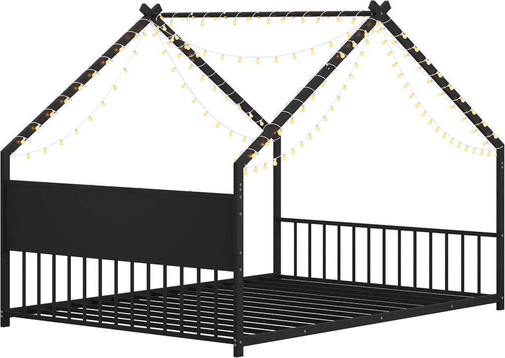 House Floor BedFrame with Slats for Kids, Metal House Bed with high headboard, Black with roof and Lights