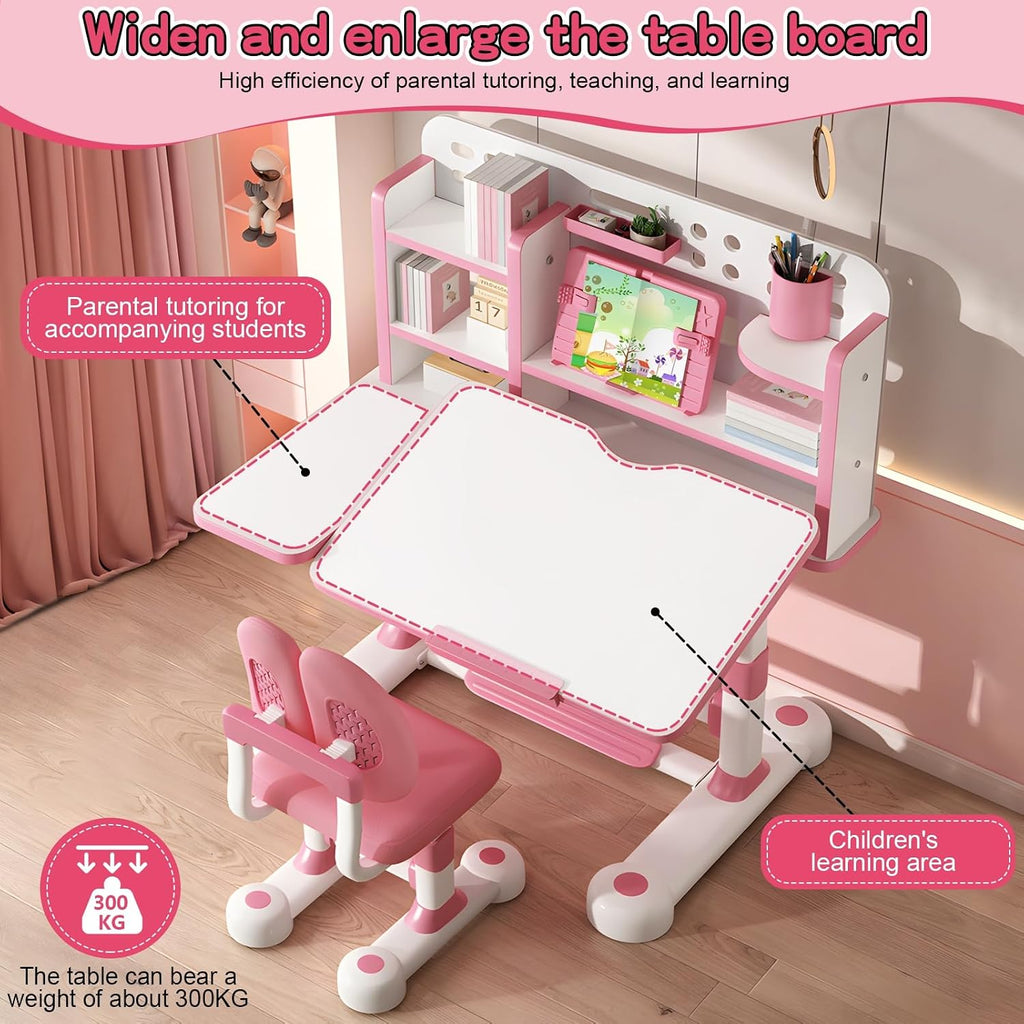 Kids Desk and Chair Set, Adjustable Height & Tilting Desktop Girls Desk