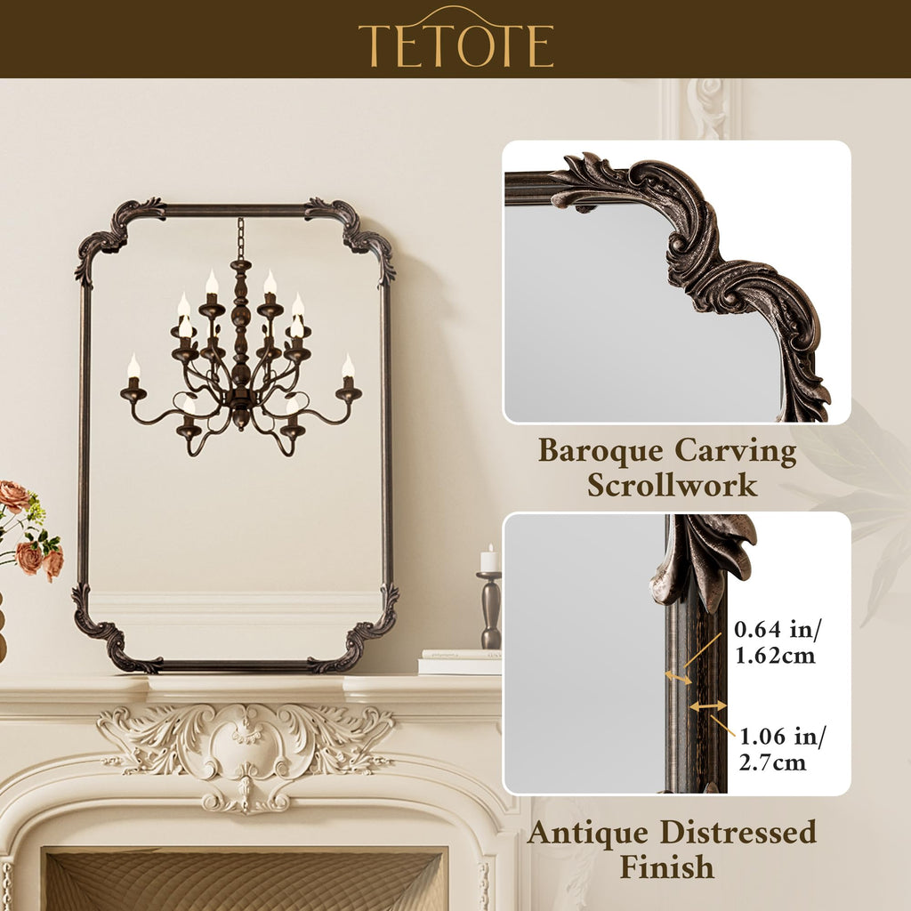 Antique Bronze Scalloped Mirror for Mantle Fireplace 30 x 36 Baroque Vintage Ornate Wall Mirror with Metal Frame for