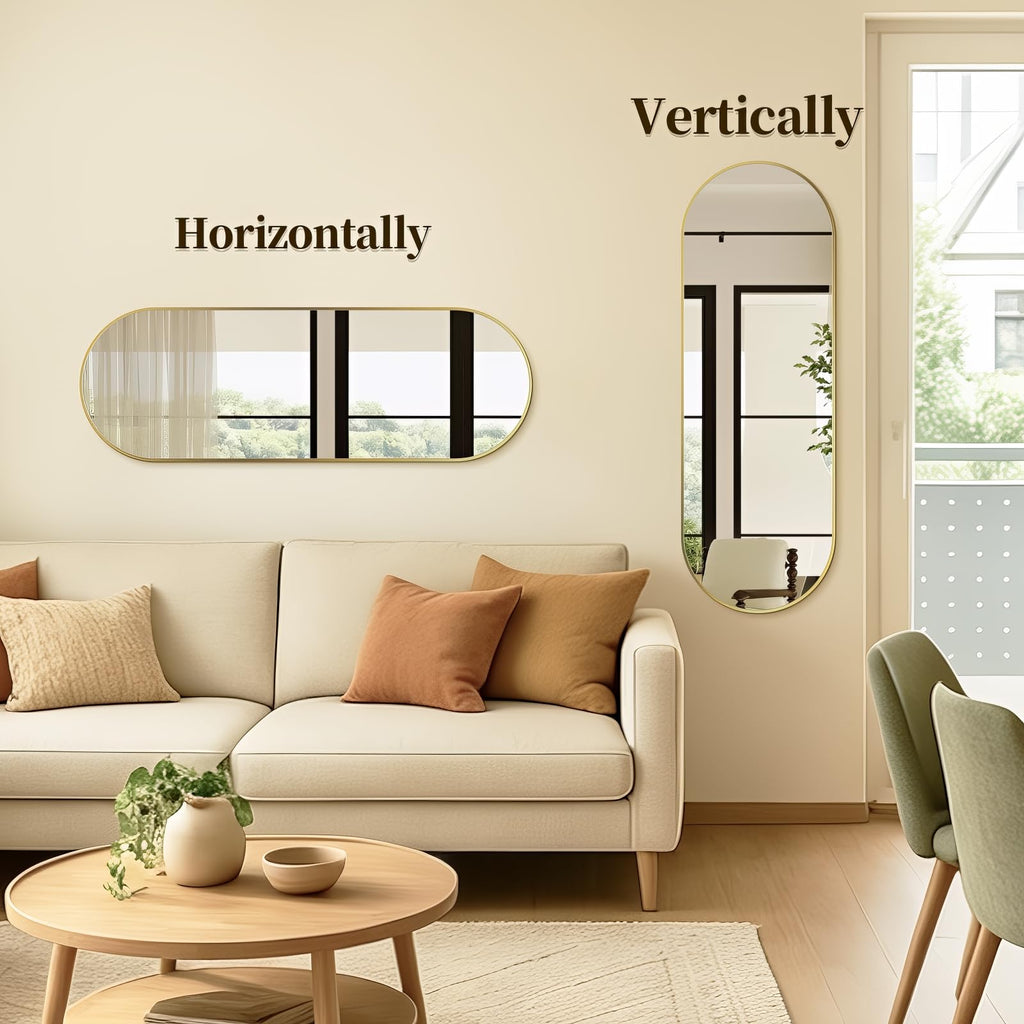Oval Full Length Mirror, 48"×16" Wall-Mounted Mirror with Gold Frame in Shiny Gold, Ultra-Clear Explosion-Proof