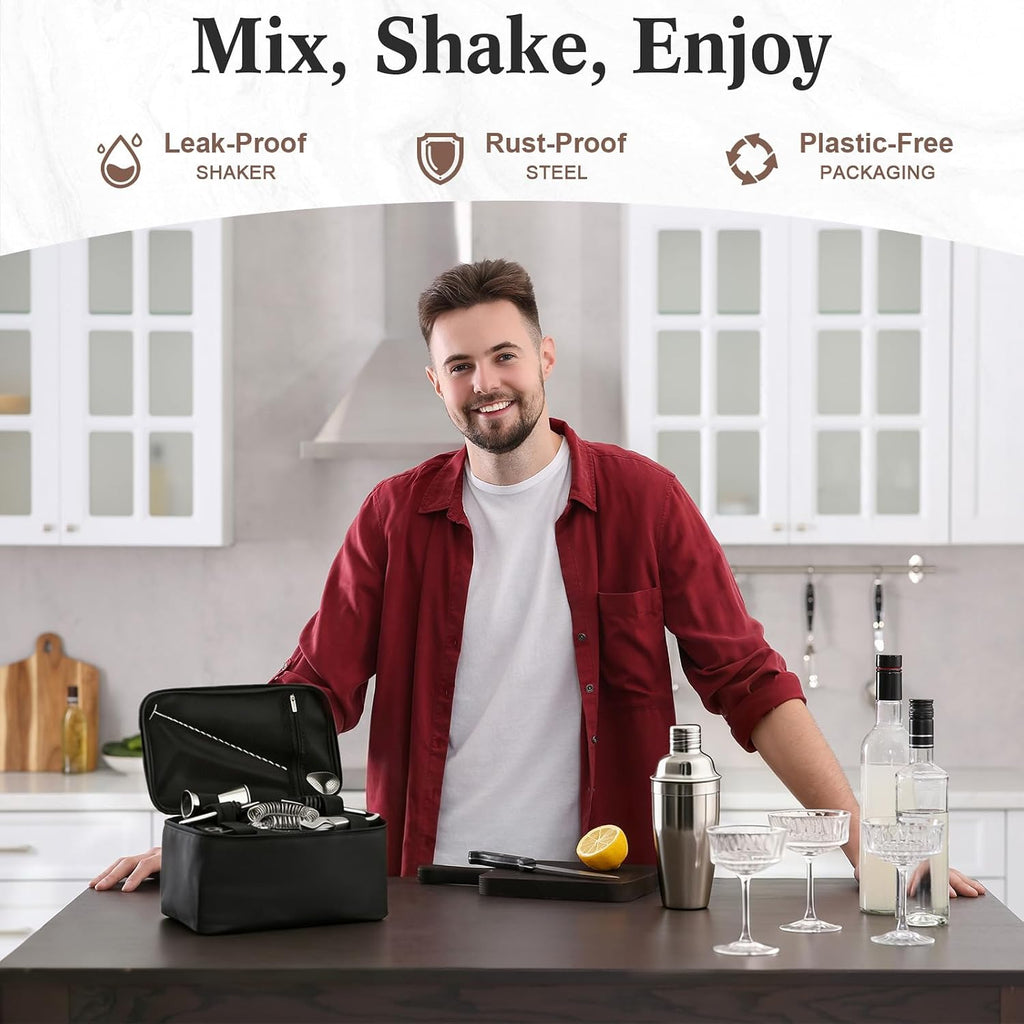 Travel Bartender Kit Cocktail Shaker Set with Bag 25oz Martini Shaker Kit, Ice Crusher, Wine Opener, Strainer - Set of 9