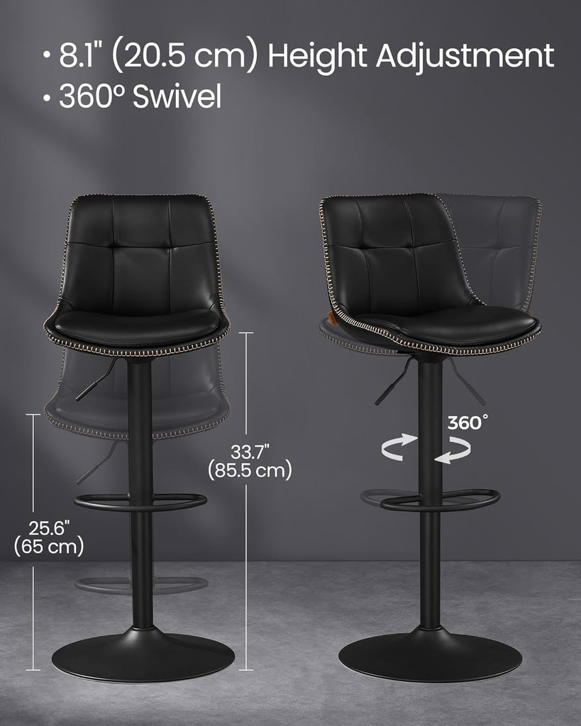 Bar Stools, Set of 4 Swivel Bar Chairs, Adjustable Height, Quilt, Synthetic Leather Kitchen Stools with Back