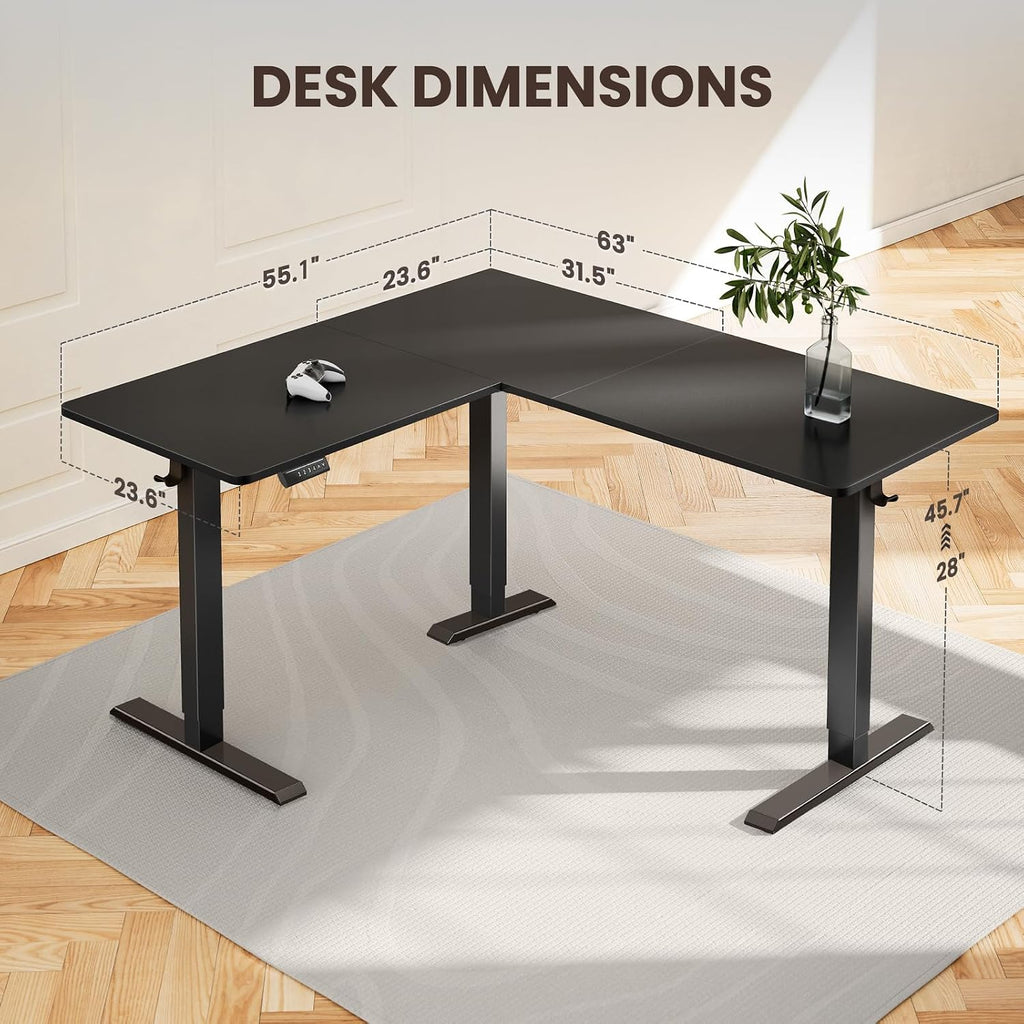 63′′ L Shaped Standing Desk Electric Adjustable Height, Black | Left & Right Interchangeable Installation, 4 Memory