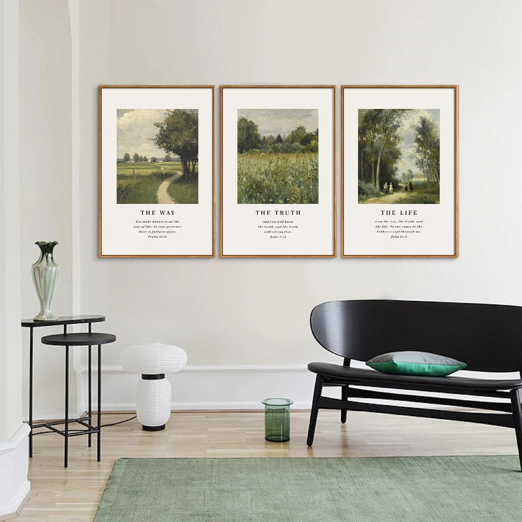 Christian Scripture Framed Canvas Wall Art Set, Jesus Bible Verse Posters Wall Decor, Vintage Monet Nature landscape
