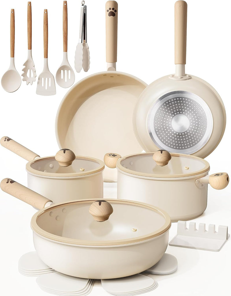 Pots and Pans Set Non Stick,Non Toxic 18 Pcs Ceramic Cookware | Dishwasher Safe Induction Cookware for Everyday