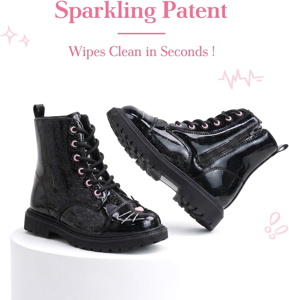 Girls Black Glitter Combat Ankle Boots with Zippers & Laces