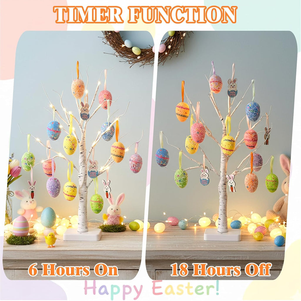Easter Egg Tree Lights, 22 Inch Easter Trees Battery Operated with Timer, Lighted White Birch Tree Tabletop - Set of 2
