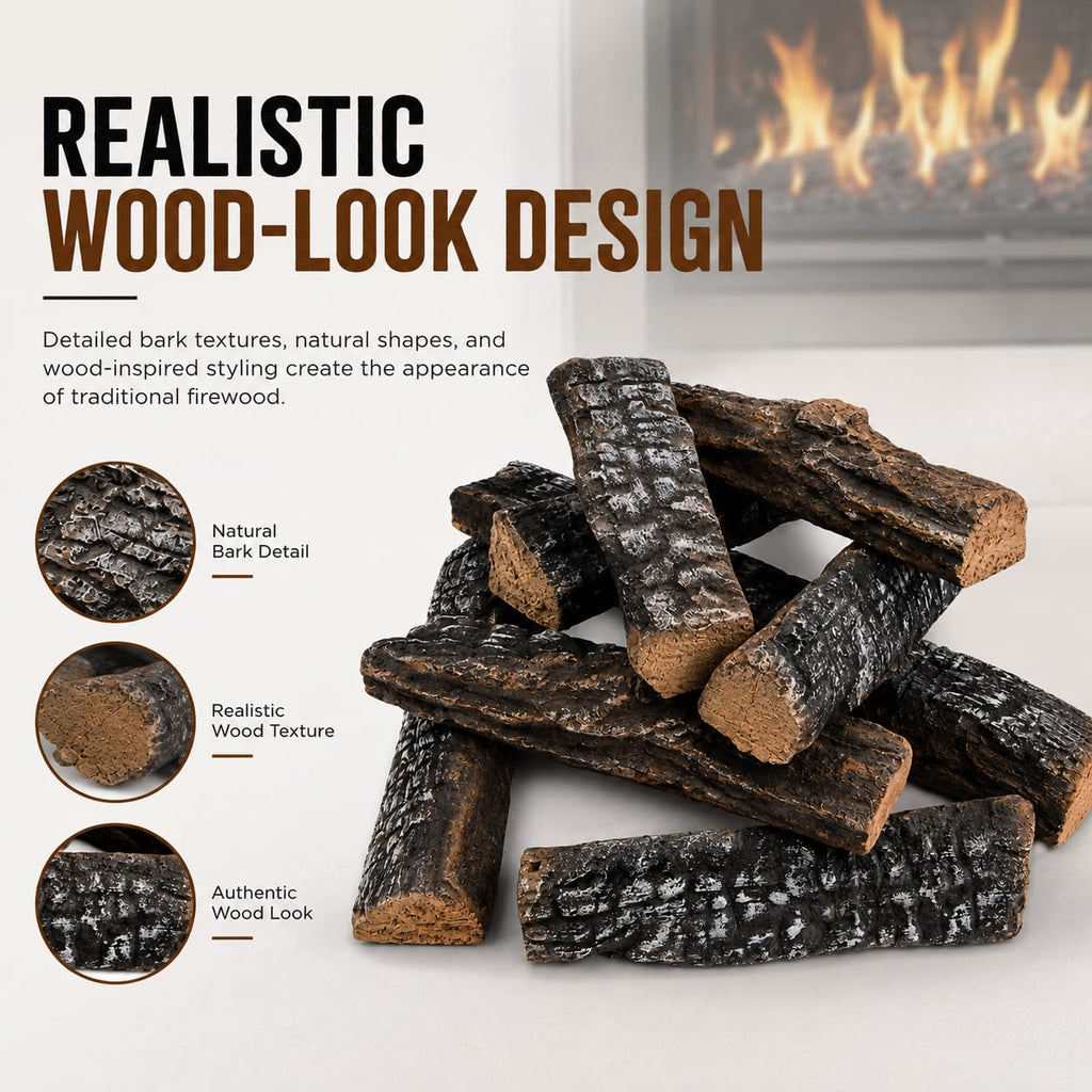 10-Piece Ceramic Fireplace Logs, Realistic Stackable Faux Wood Log Set for Gas Fire Pits, Fire Bowls, Fire Tables
