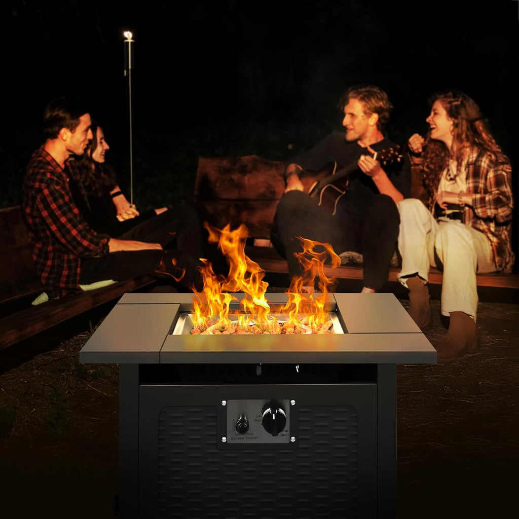28 inch Fire Pit Table, 50000 BTU Patio Heater, 2 in 1 Outdoor Gas Fire Pit with Removable Lid & Lava Stone