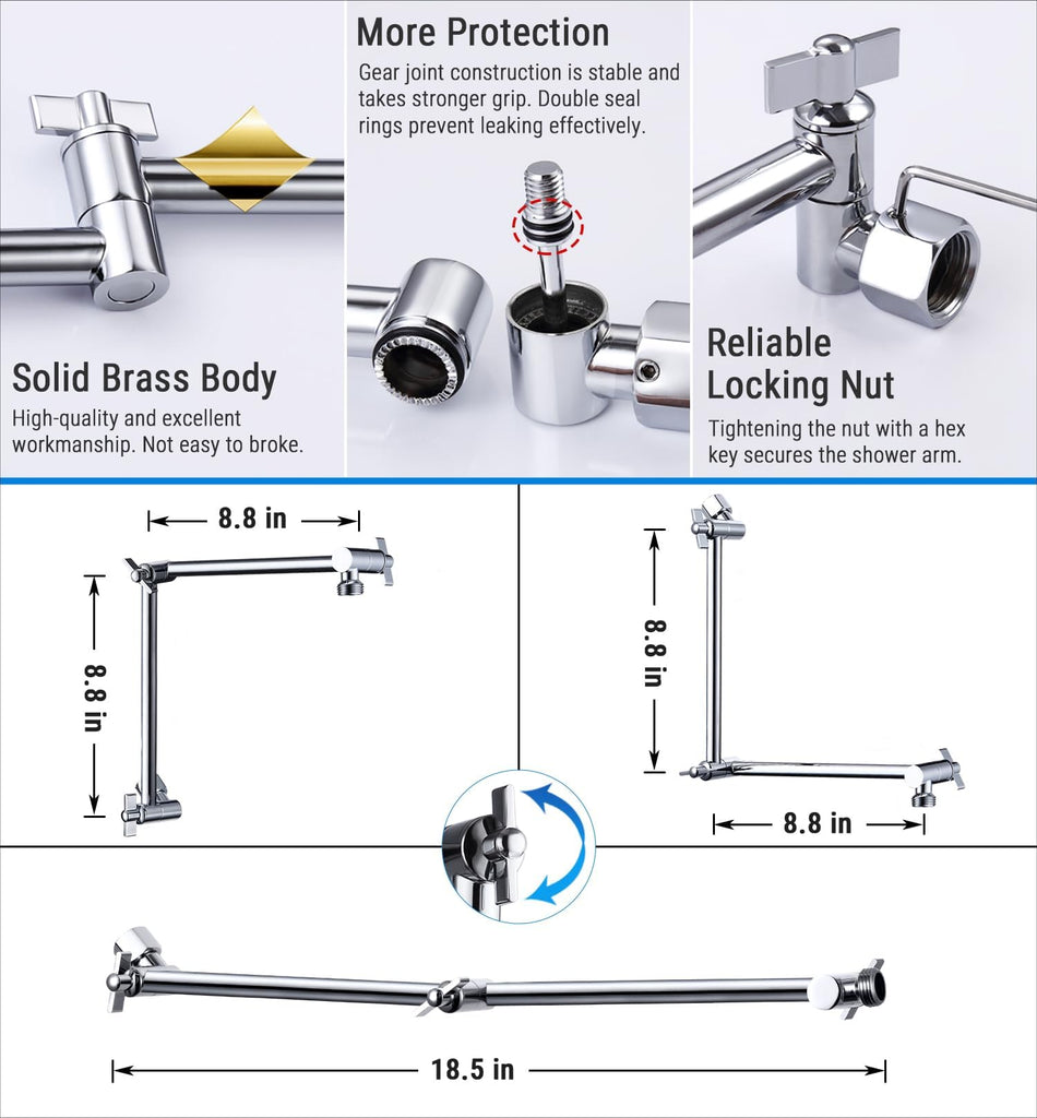 18 Inch Solid Brass Shower Head Extension Arm (Chrome)