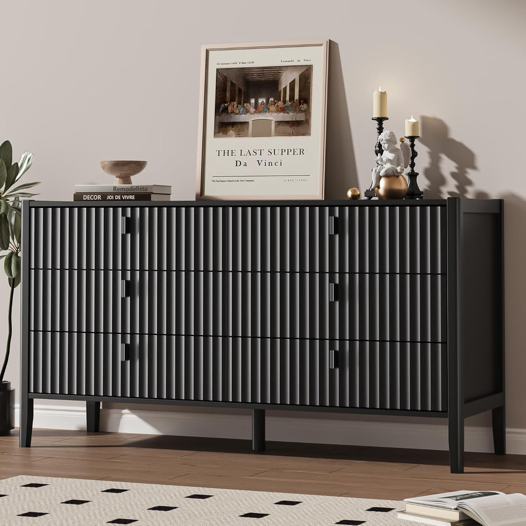Black 6 Drawer Dresser, Modern Wood Dresser, Fluted Design Double Chest of Drawers with Wood Legs, TV Stand Storage