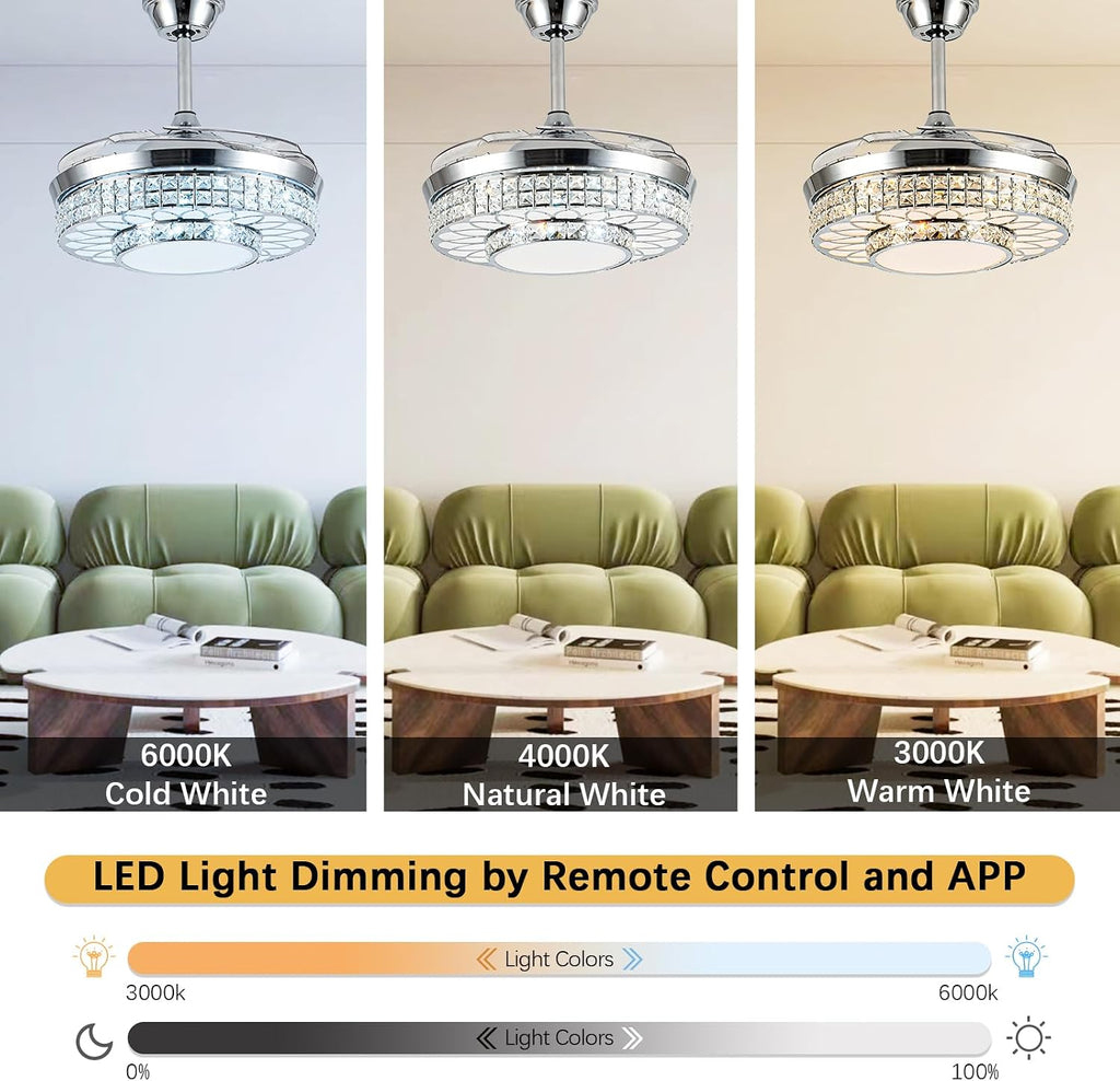 42" Retractable Ceiling Fans with Lights, Crystal Chandelier Ceiling Fan with Remote & APP Control, Modern Dimmable