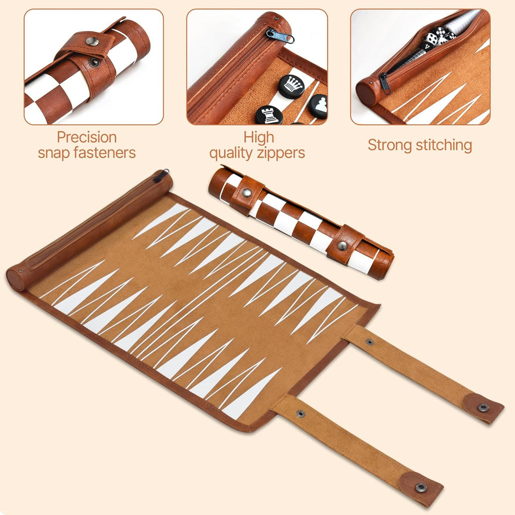 Chess, Checkers, and Backgammon Set 3 in 1 - Roll-up Leather Board Games, Portable and Lightweight with Drawstring