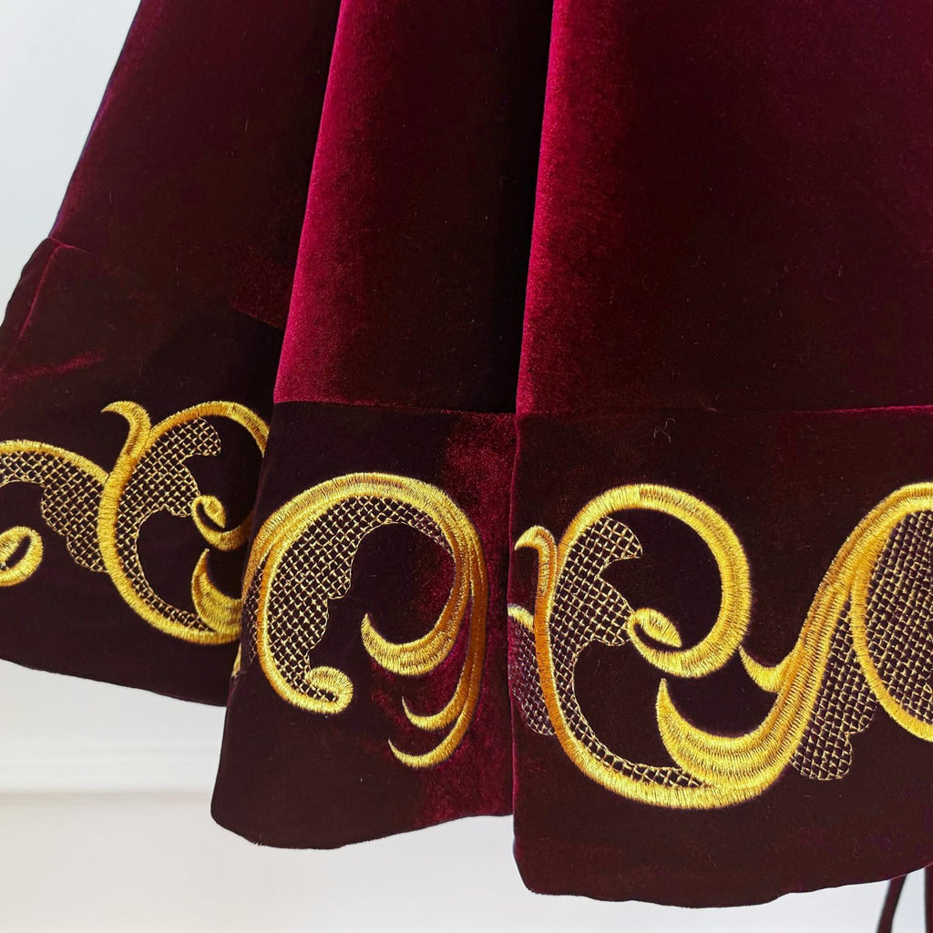 84-Inch Velvet Christmas Tree Skirt with Golden Swirl Embroidery and Lace Tie Closures, Burgundy