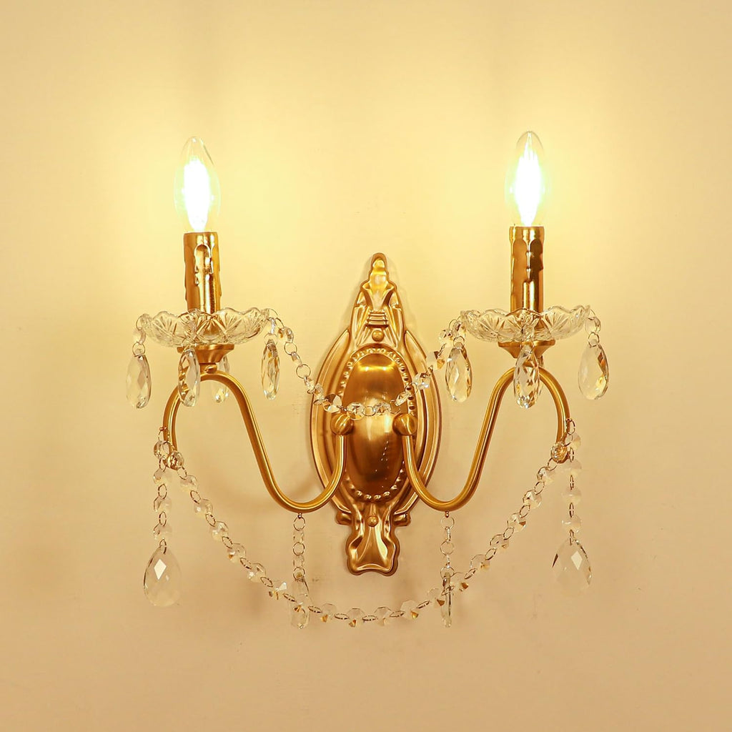 French Vintage Crystal Wall Sconce, Victorian 2-Light Gold Iron Finish, E12 Traditional Candle Style Wall Lamp for