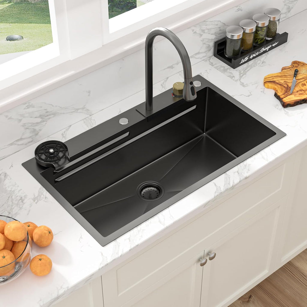 33 Inch Waterfall Kitchen Sink - 33x19 Black Waterfall Drop In Sink Workstation Stainless Steel 16 Gauge Sink
