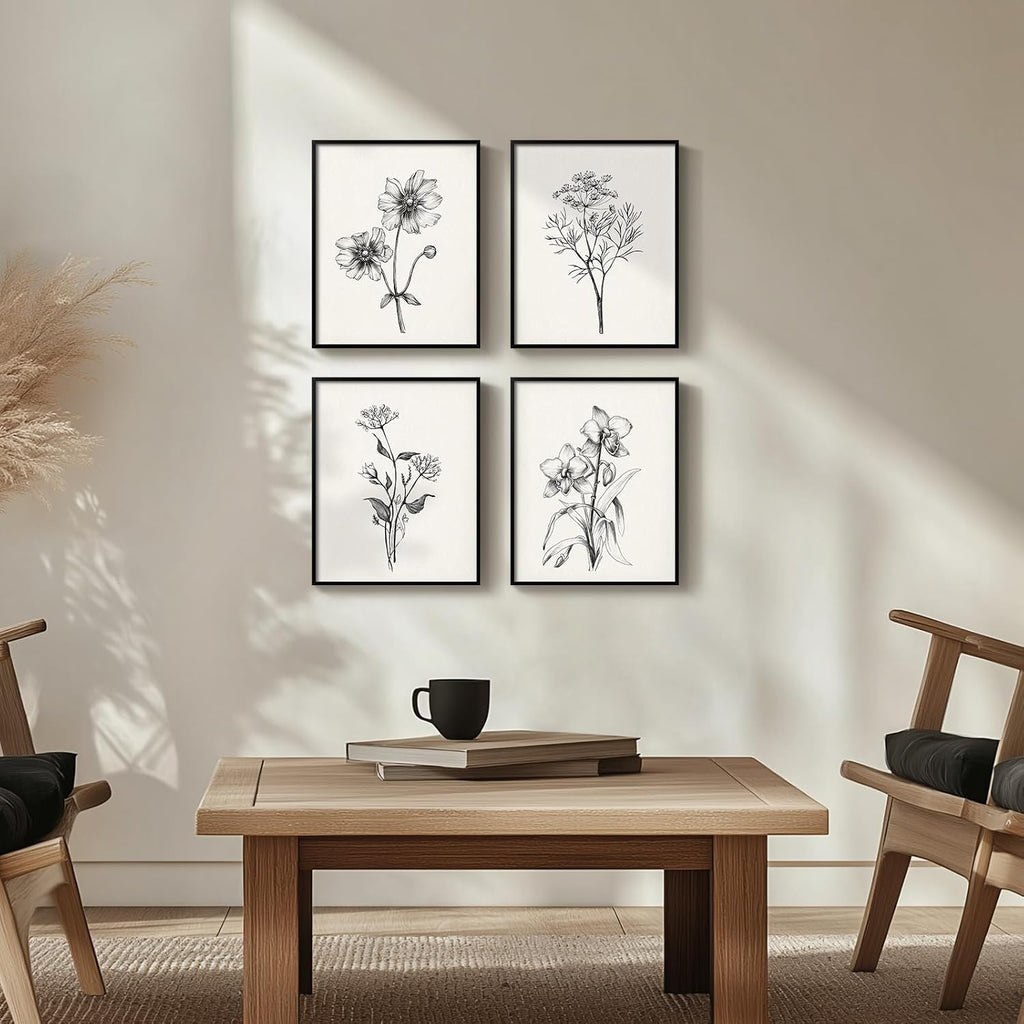 Framed Black and White Bathroom Wall Art, 4 Piece Vintage Floral Canvas Prints Artwork for Farmhouse, Rustic