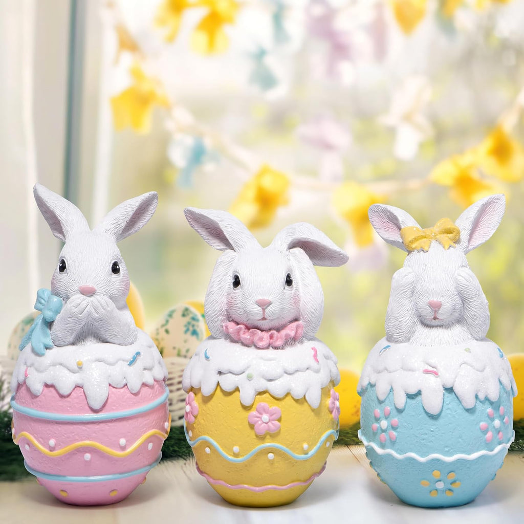 Easter Bunny Figurines - 5.3" Hand-Painted Resin Decorations with Pastel Easter Egg Design - Set of 3
