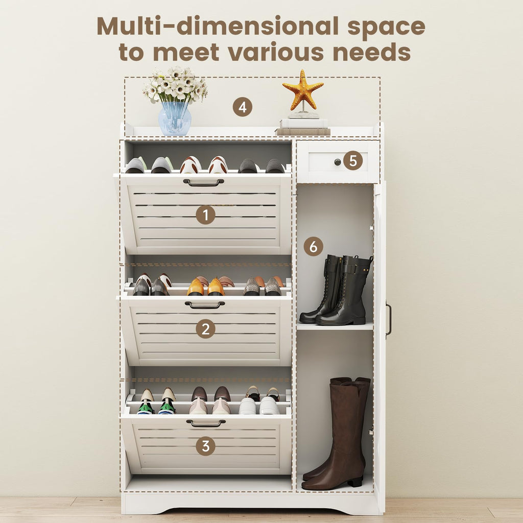 Shoe Storage Cabinet with 3 Flip Drawers, Freestanding Hidden Wooden Shoe Storage, Drawer & Adjustable Shelves, Slim