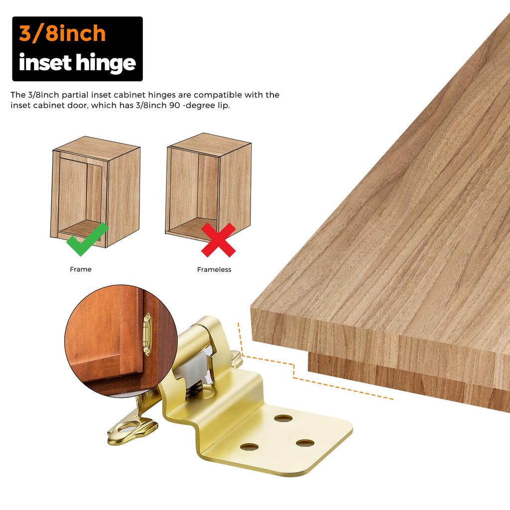3/8" Inset Gold Cabinet Hinges 30 Pack (15 Pairs)