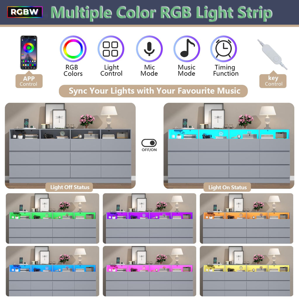 63" 6-Drawer Dresser with Divided Compartments, Power Outlet & LED Lights