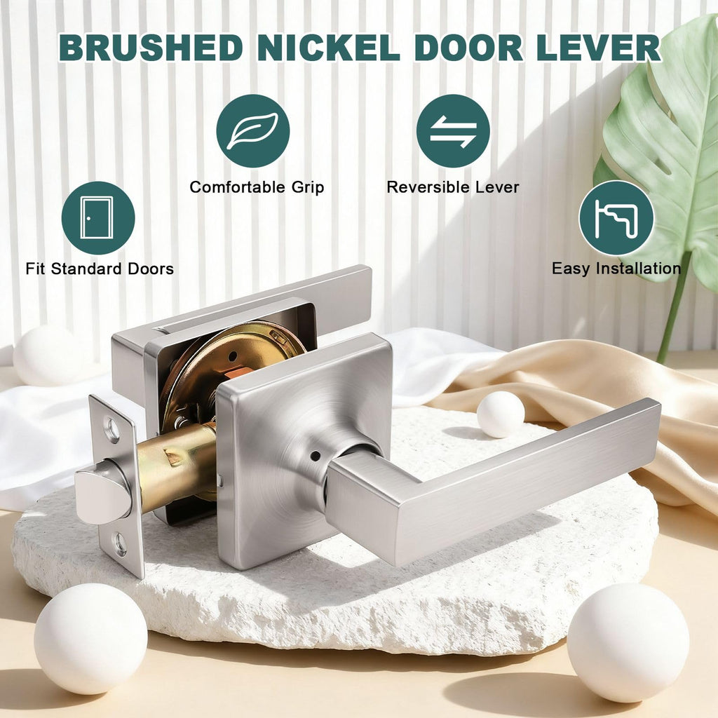 5 Pack Brushed Nickel Passage Door Levers Interior Door Handles Square Closet Door Lock Keyless Straight Lever Door