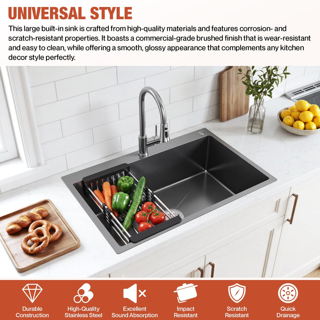 33"x19" Black Drop- Sink | Topmount Single Bowl Kitchen Sink, 9" Deep Stainless Steel Modern Kitchen Sinks with Nano