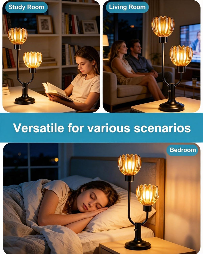 Mid Century Modern Glass Table Lamp Black Dimmable Desk Lamps with Brown Glass Shades 2 Bulbs Included 3000K Warmwhite