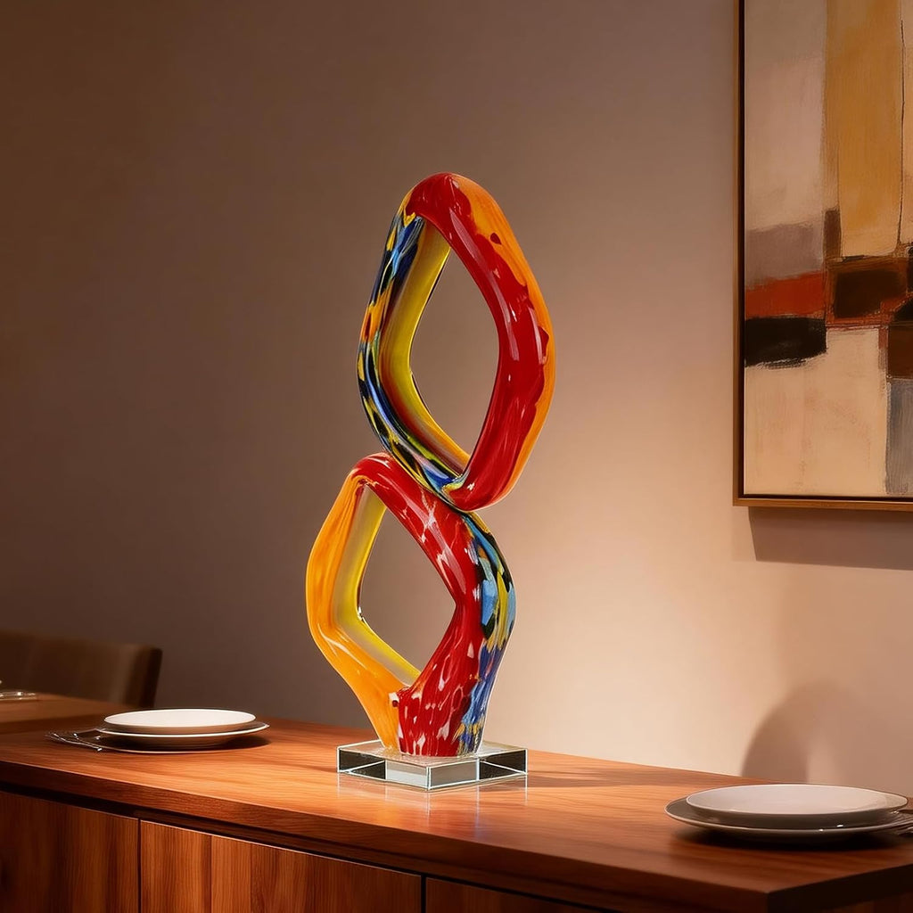 18.5′′ Hand Blown Glass Sculpture Abstract Geometric Loop Art, Murano Style Swirled Glas Contemporary Centerpiece