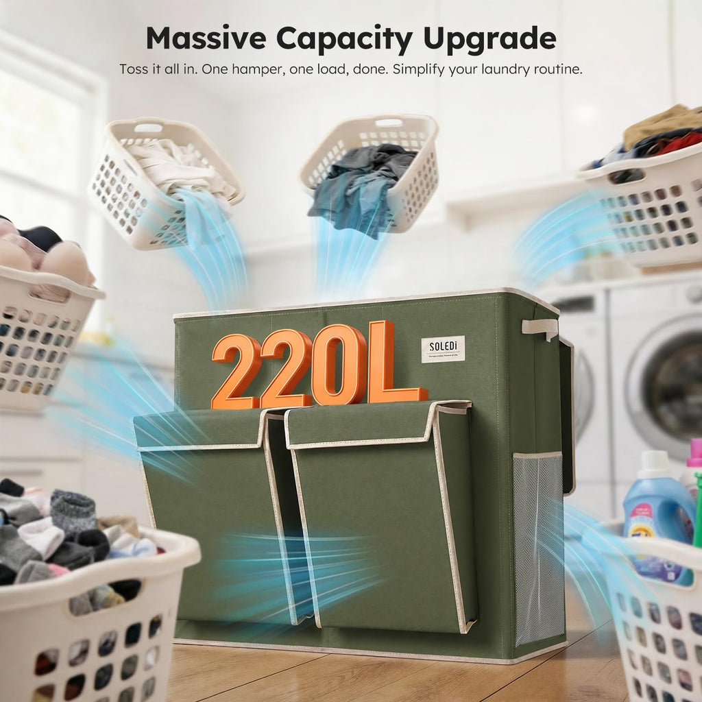 220L Laundry Hamper 3 Section with Lid and 2 Side Pockets